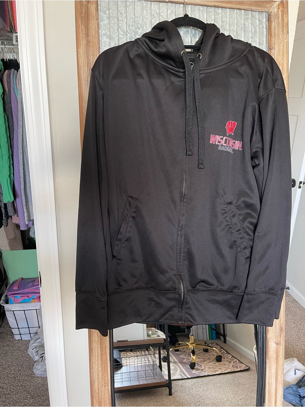 J. America Black Lightweight Wisconsin Full-Zip Hoodie Jacket with Red Logo
